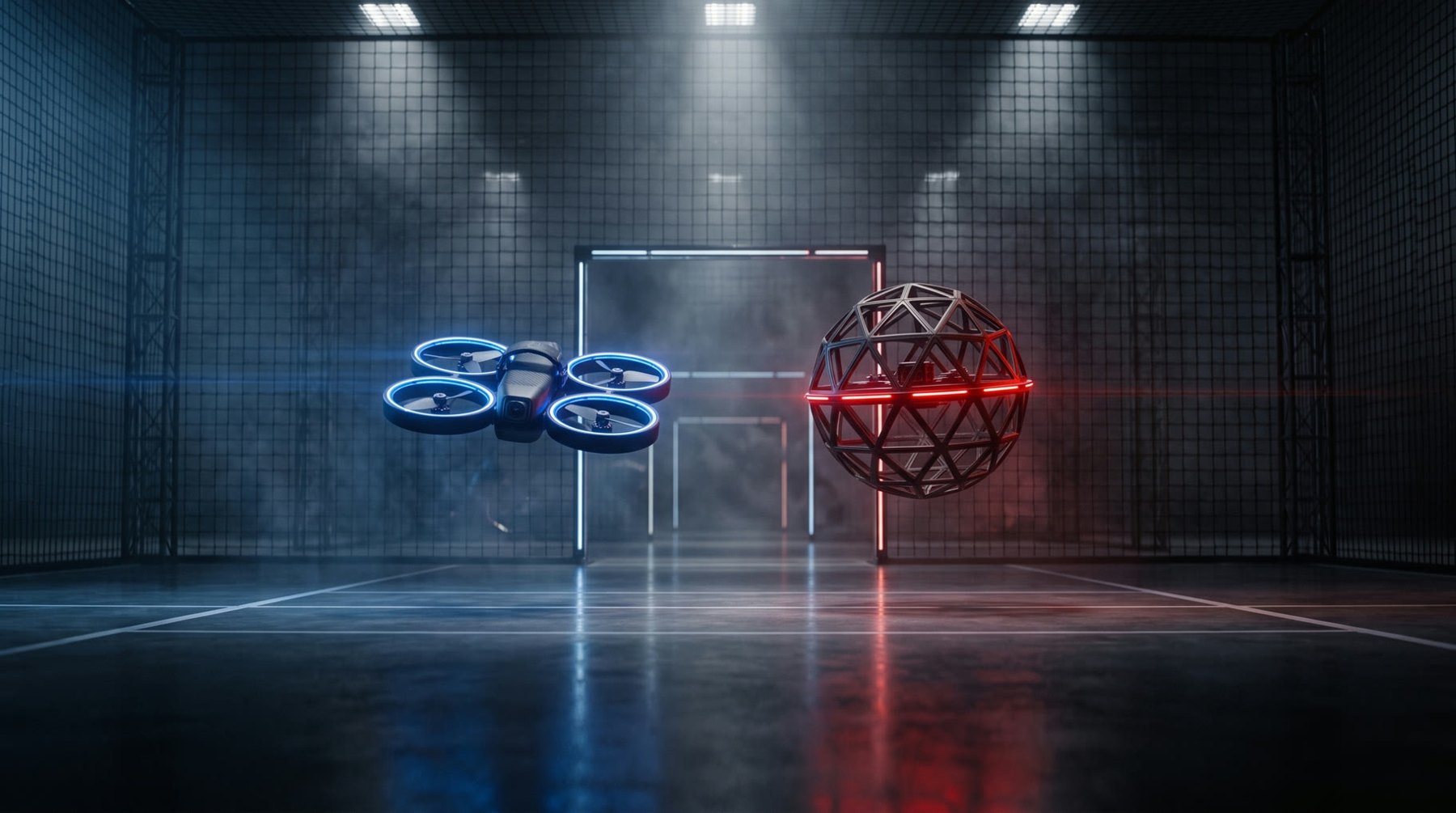 Two SkyArena drones, one blue and one red, facing off inside a netted indoor arena
